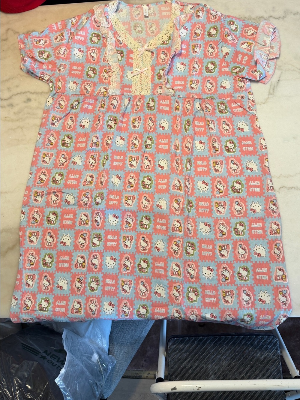 Hello Kitty Pink and Light Blue Cotton Nightgown with Lace